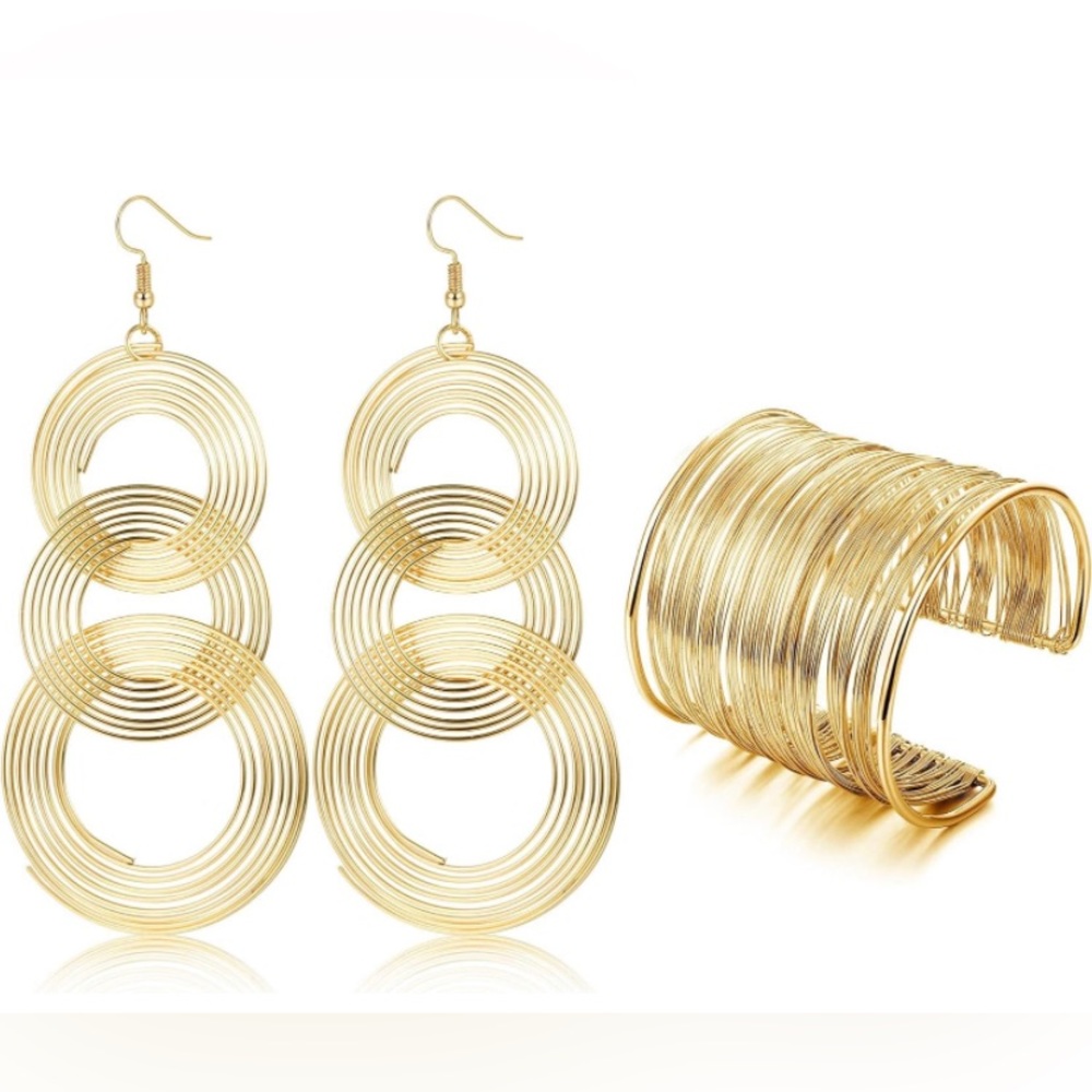 70s Disco Set Metal Coil Bracelets Gold Triple Swirl Disco Earrings for Women